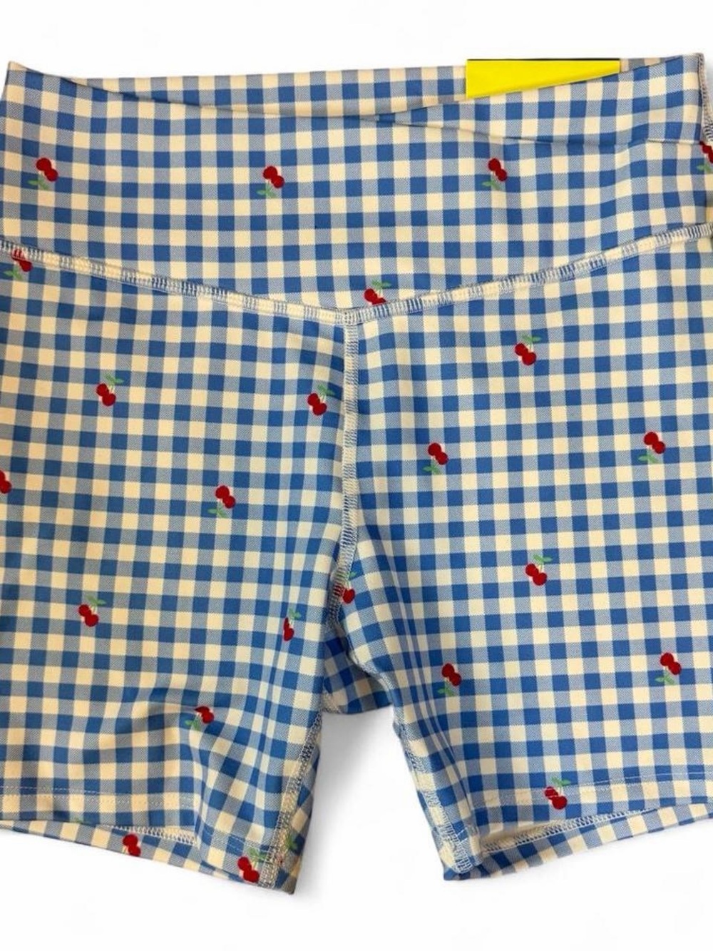 Girls all in motion Blue & White Gingham Bike Shorts with Red Cherry Print